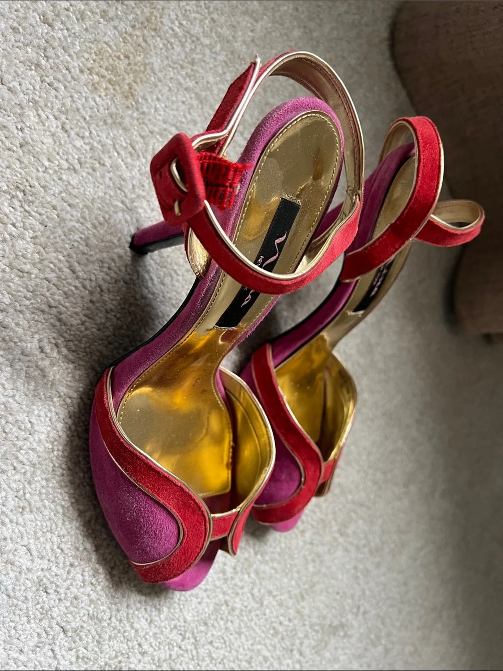 Nina Two-Tone Pink and  Red Suede Open-Toe Heels